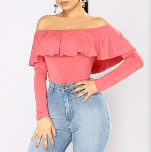 pink ruffle off the shoulder top